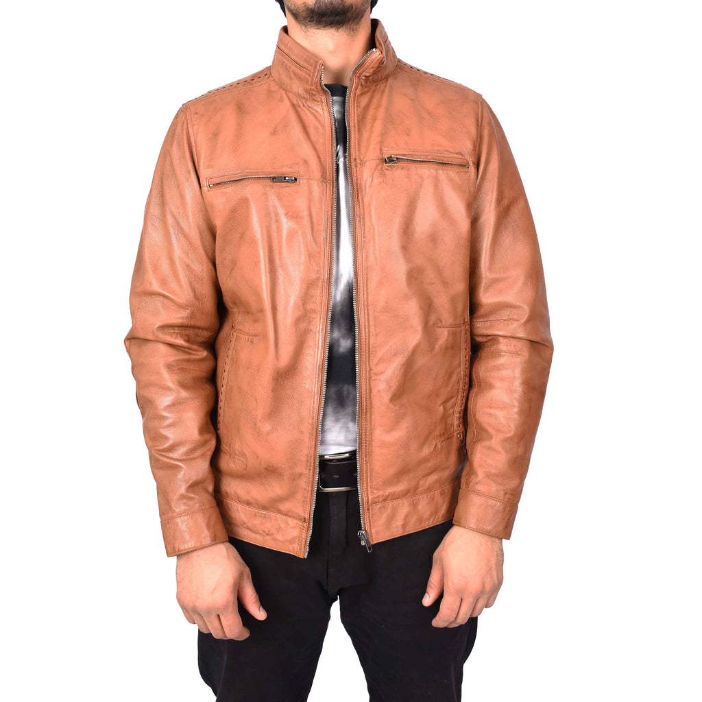 Men's Classic Biker Real Leather Jacket Tan Erland-1