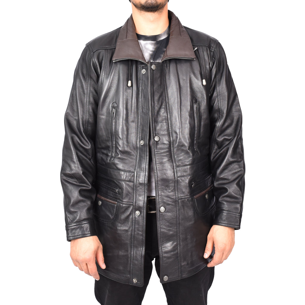 Gent's Classic Real Leather Coat Mens Parka Style Jacket Black Carlsen-1