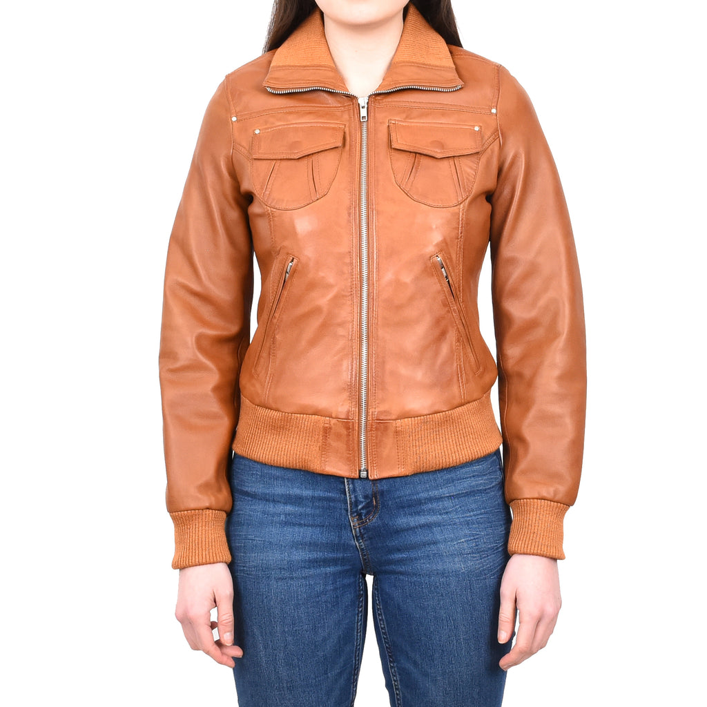 DR514 Womens Leather Classic Bomber Jacket Tan 1