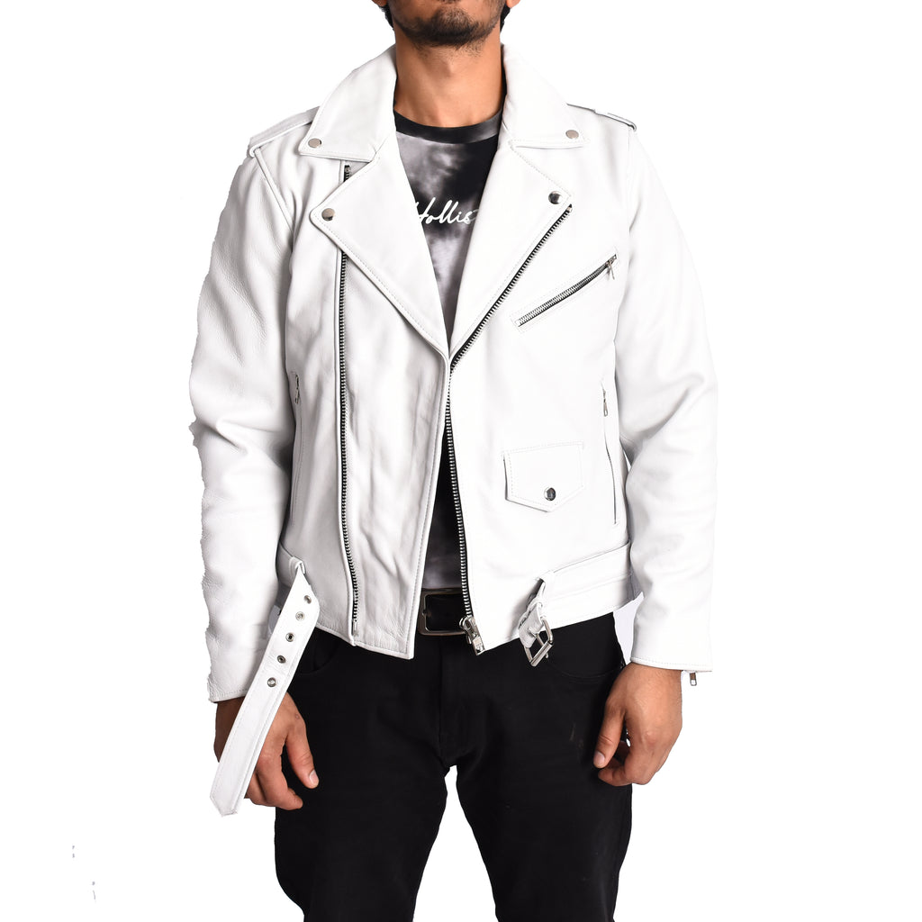 Men's Hard Wearing Real Cowhide Leather Biker Jacket White Gunther-1