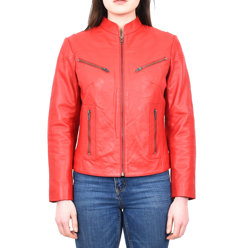 DR200 Ladies Classic Casual Biker Leather Jacket Red 1