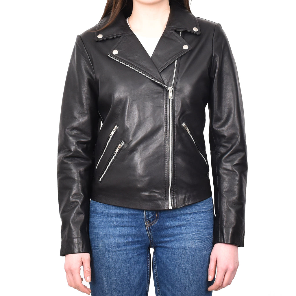 DR268 Women's Biker Leather Jacket Black 1
