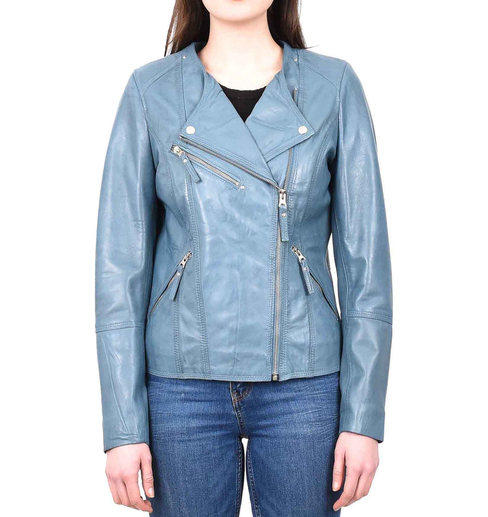 DR572 Women's Casual Cross Zip Leather Jacket Teal 1