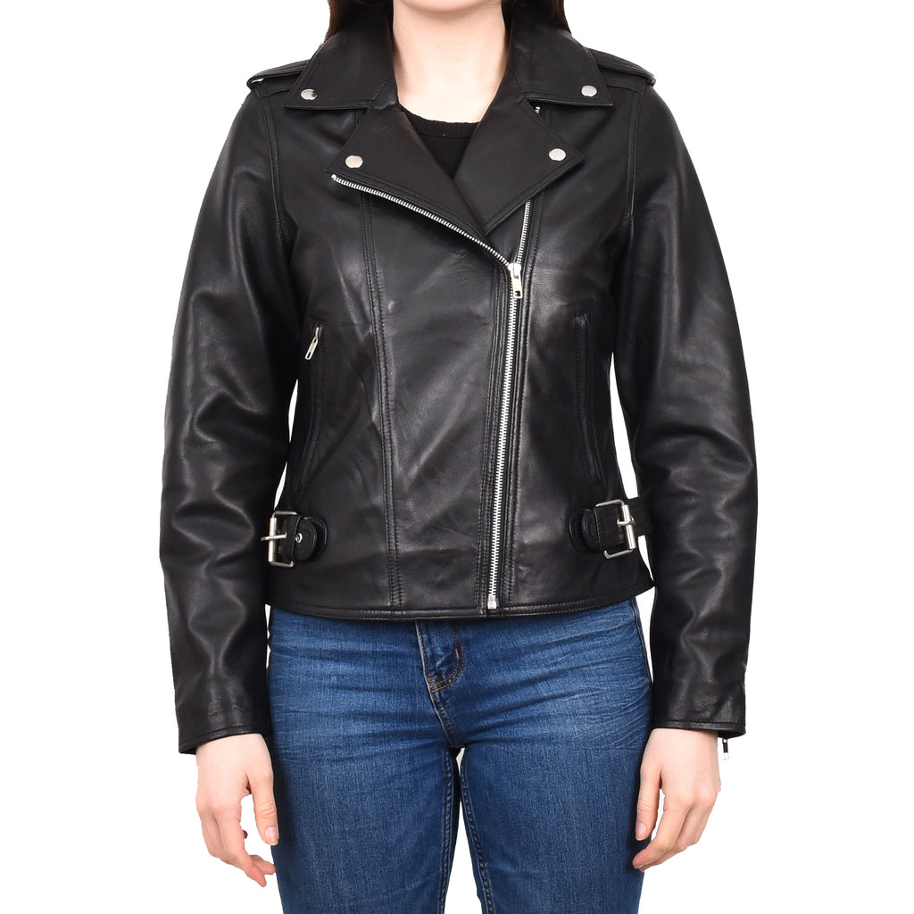 DR221 Women's Chic Biker Fitted Leather Jacket Black 1