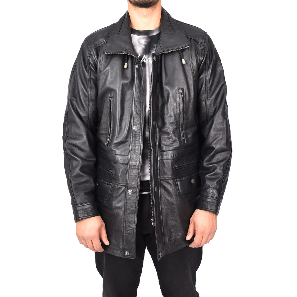 Gent's Classic Real Leather Coat Mens Parka Style Jacket Full Black Carlsen 1