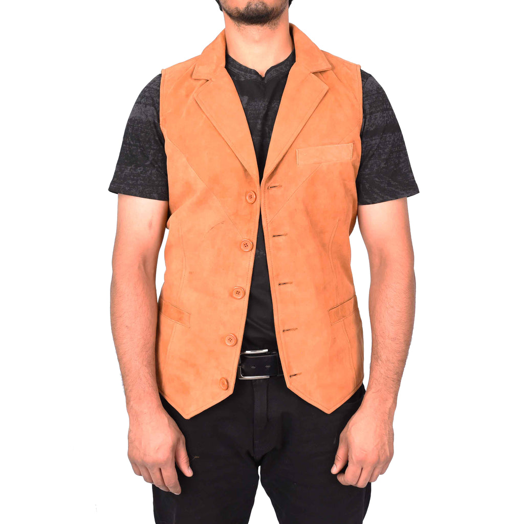 Men's Blazer Style Suede Leather Waistcoat Gents Vests Tan Howie-1