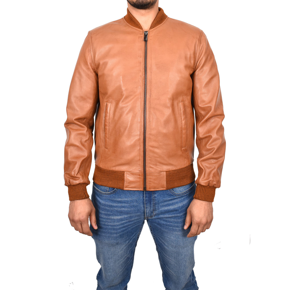 DR177 Men's Leather Bomber Jacket Tan 1