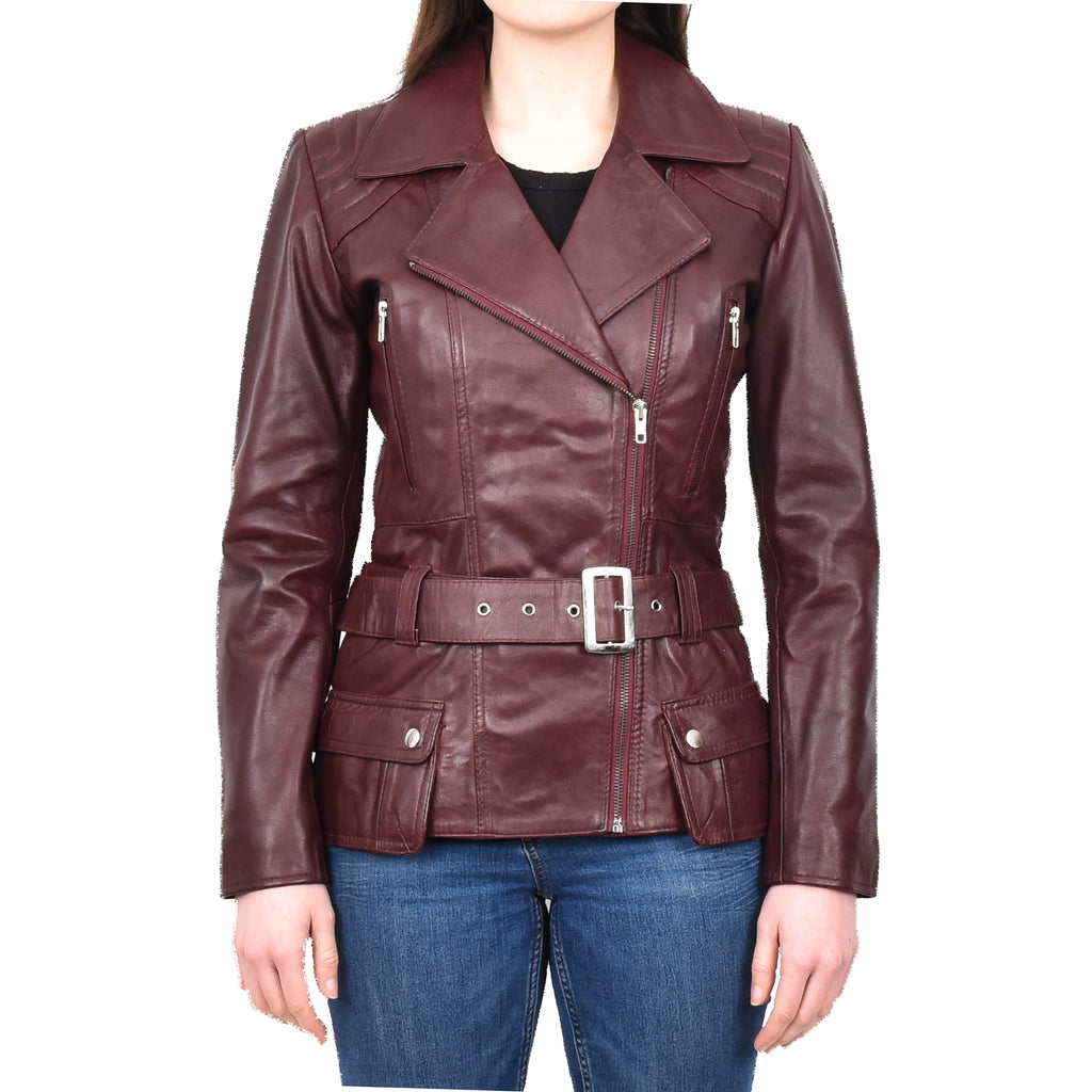 DR205 Women’s Slim Fit Cut Hip Length Biker Leather Jacket Burgundy 1