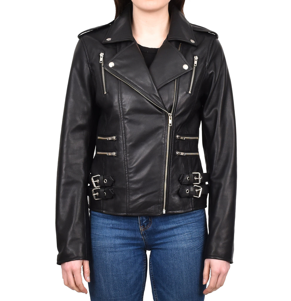 DR195 Women’s Trendy Biker Leather Jacket Black 1