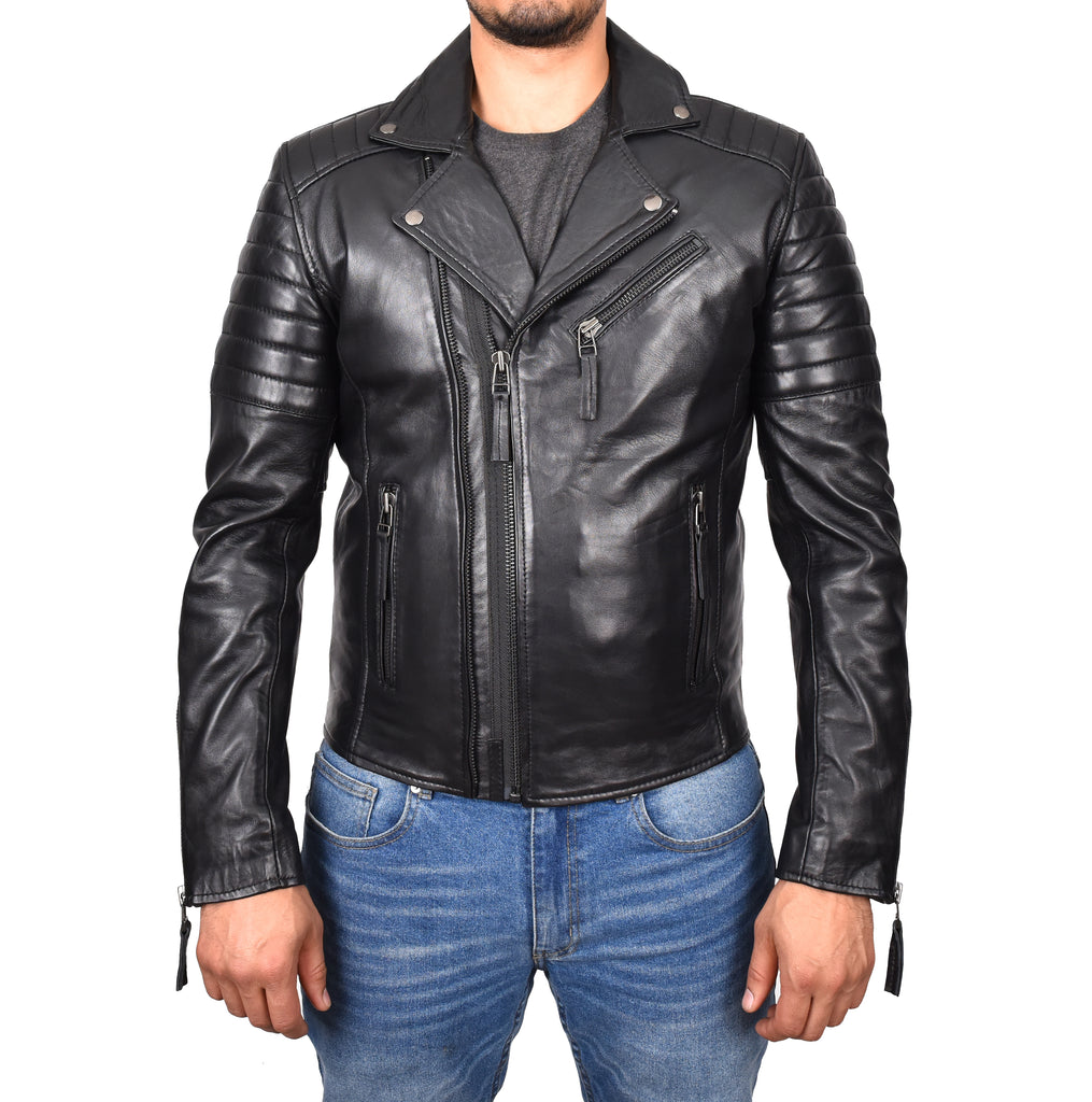 DR145 Men's Quilted Biker Leather Jacket Black 1