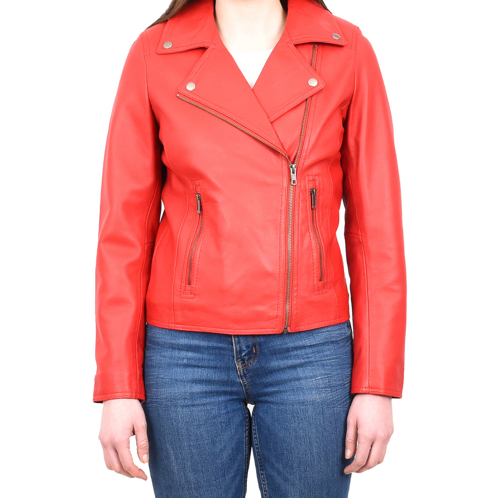 DR216 Women's Casual Smart Biker Leather Jacket Red 1