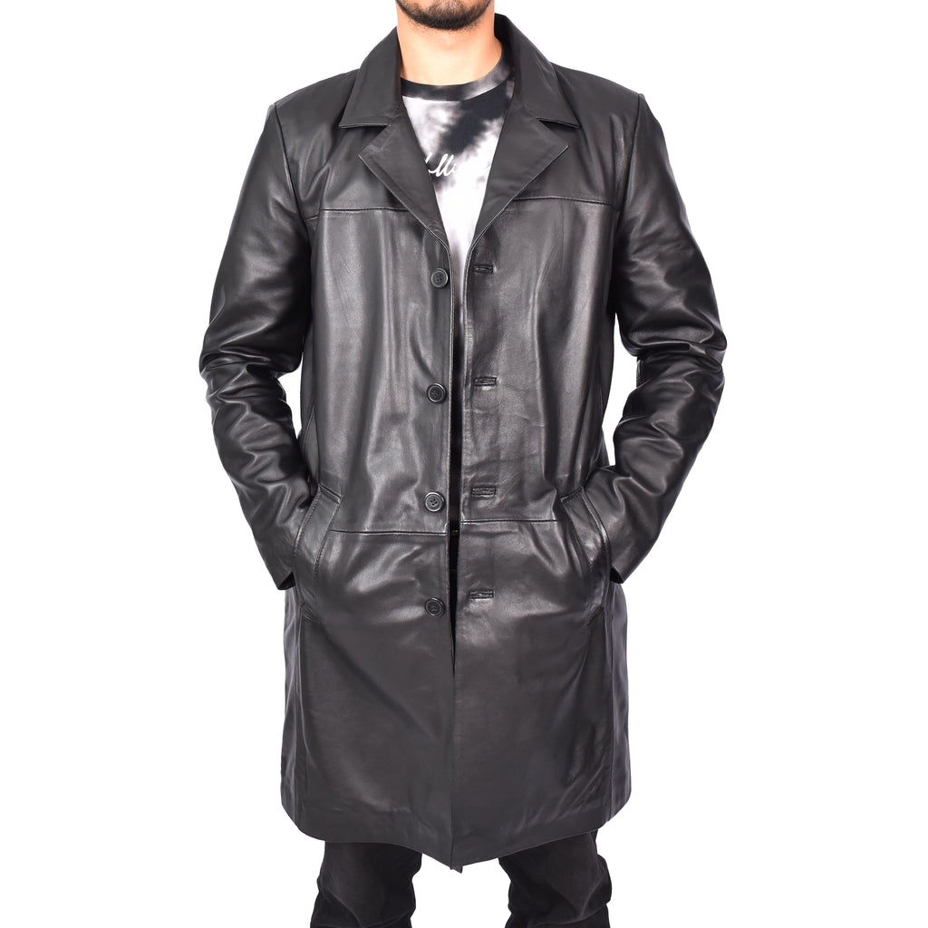 Men's Sheep Leather Coat Buttoned 3/4 Length Black Carson-1