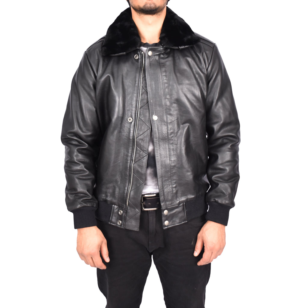 Men's Real Leather Bomber Pilot Jacket Removable Collar Black Edzard-1