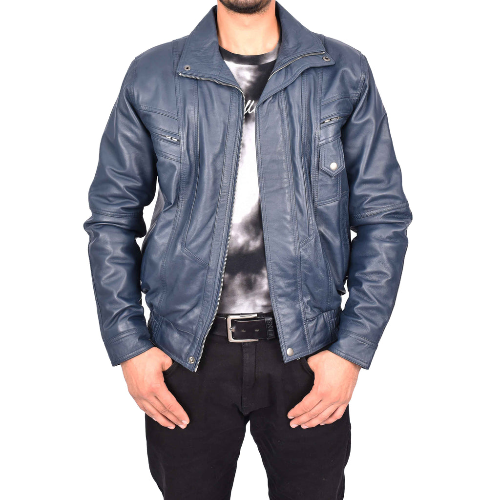 Men's Real Leather Classic Blue Jacket Bomber Blouson Style Errick-1