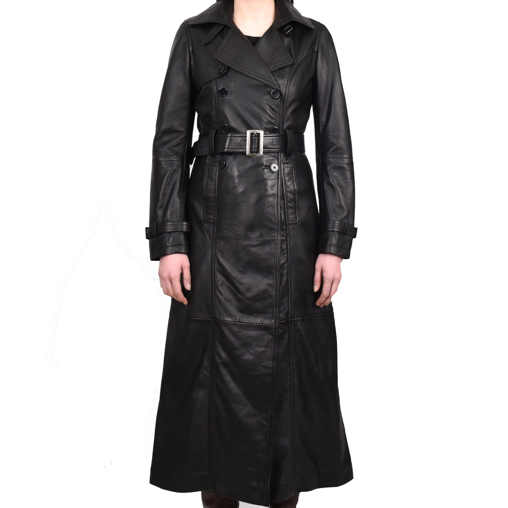 DR242 Women's Leather Full Length Trench Coat Black 1