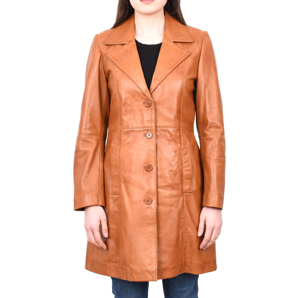 DR196 Women's 3/4 Length Soft Leather Classic Coat Tan 1