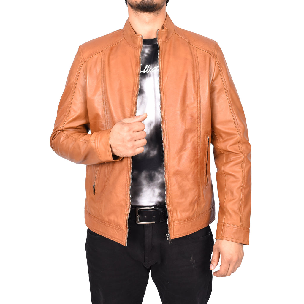 Men's Casual Biker Real Leather Jacket Tan Verner 1