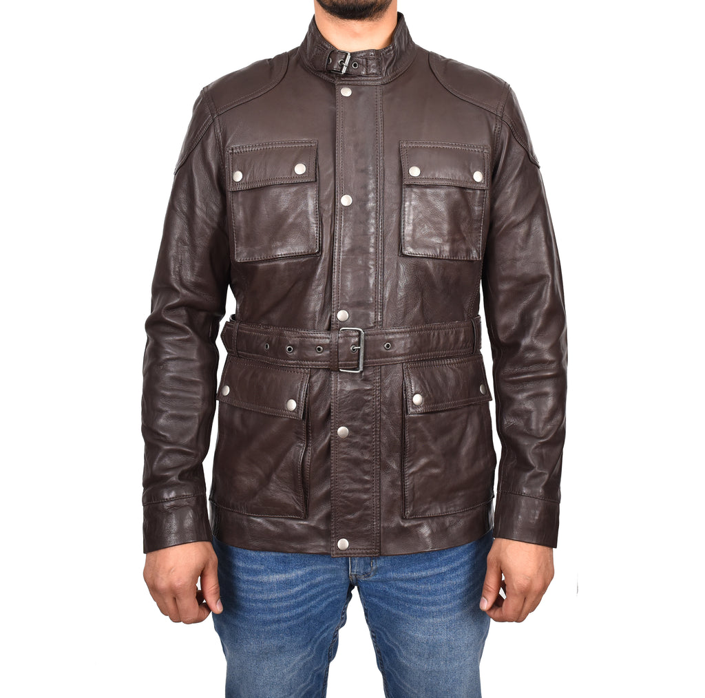 DR190 Men’s Leather Trendy Safari Jacket With Waist Belt Brown 1