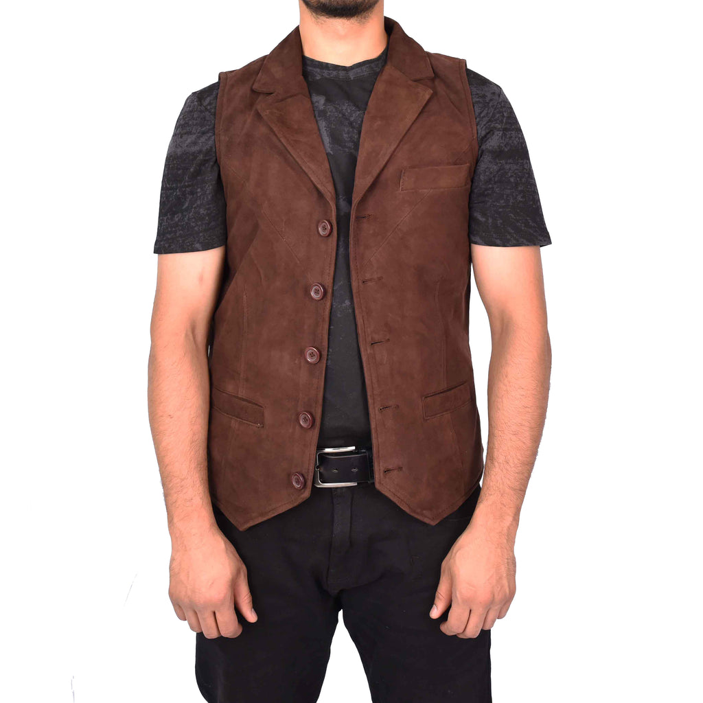 Men's Blazer Style Suede Leather Waistcoat Gents Vests Brown Howie-1