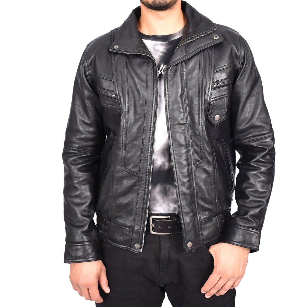 Men's Real Leather Classic Black Jacket Bomber Blouson Style Errick-1