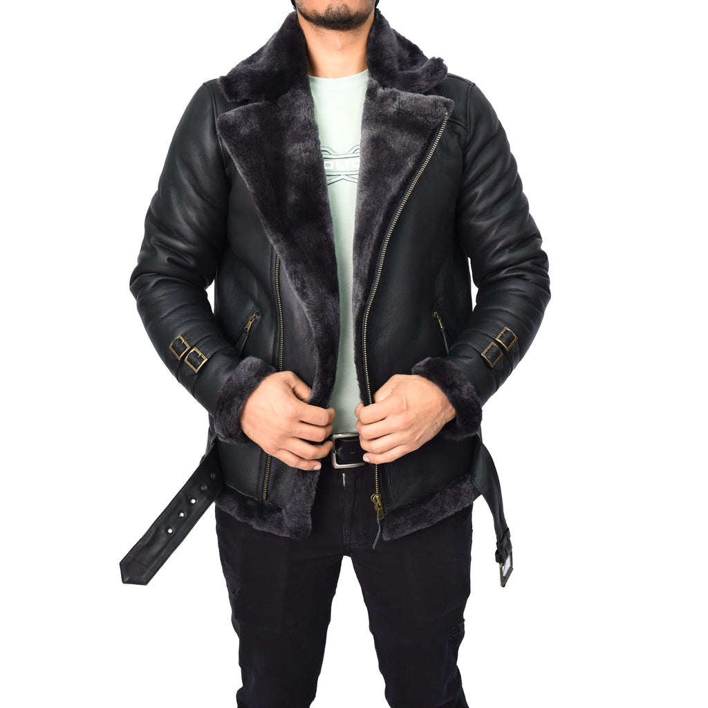 Men's Classic Aviator Real Sheepskin Jacket Flying Squad Black Pelle-3