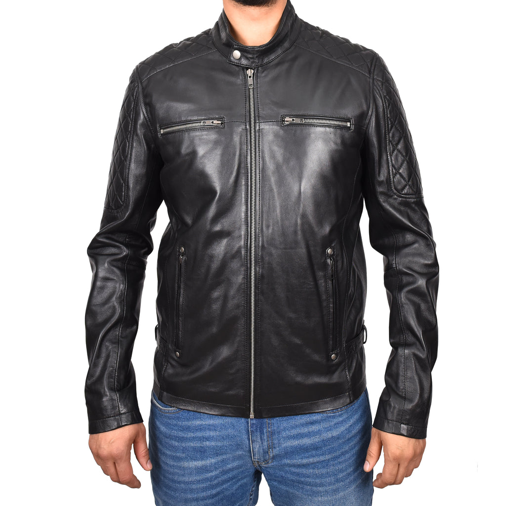DR158 Men's Classic Quilted Biker Leather Jacket Black 1