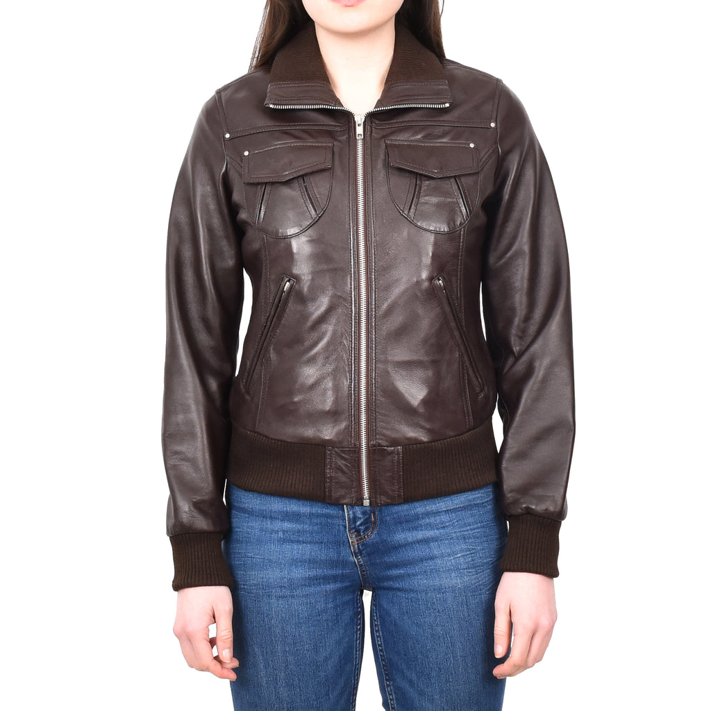 DR514 Womens Leather Classic Bomber Jacket Brown 1