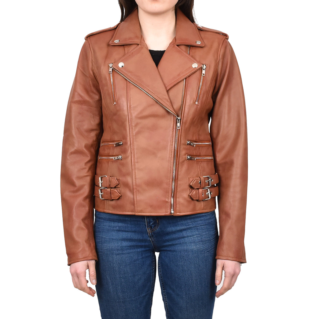 DR195 Women’s Trendy Biker Leather Jacket Cognac 1