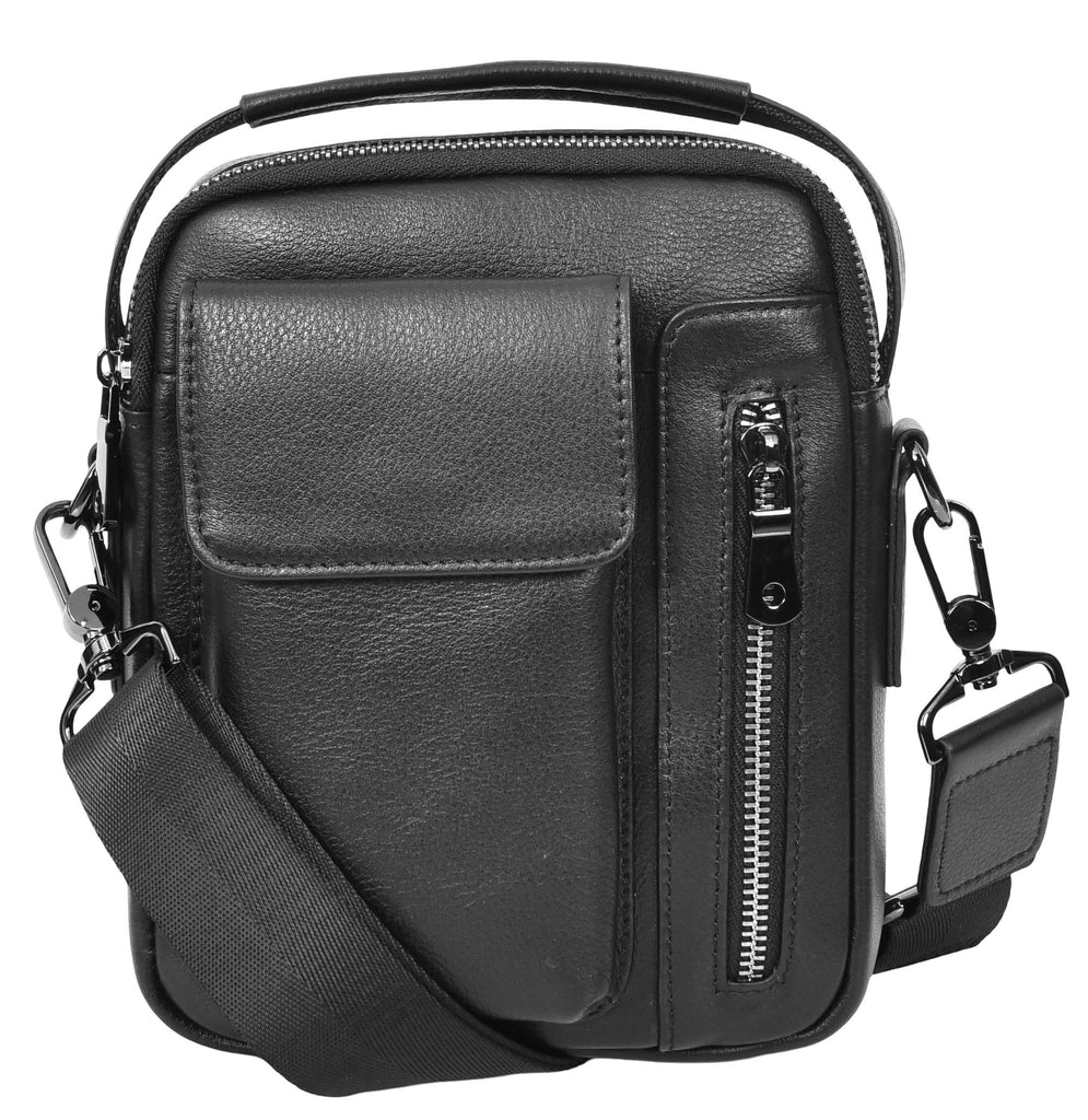 Crosso Men's Leather Cross-Body Organiser Flight Bag Black-1