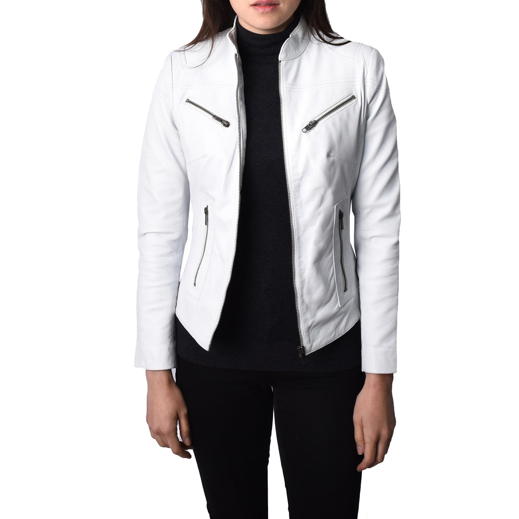 Ladies Classic Casual Biker Real Leather Jacket White MotoBliss 3