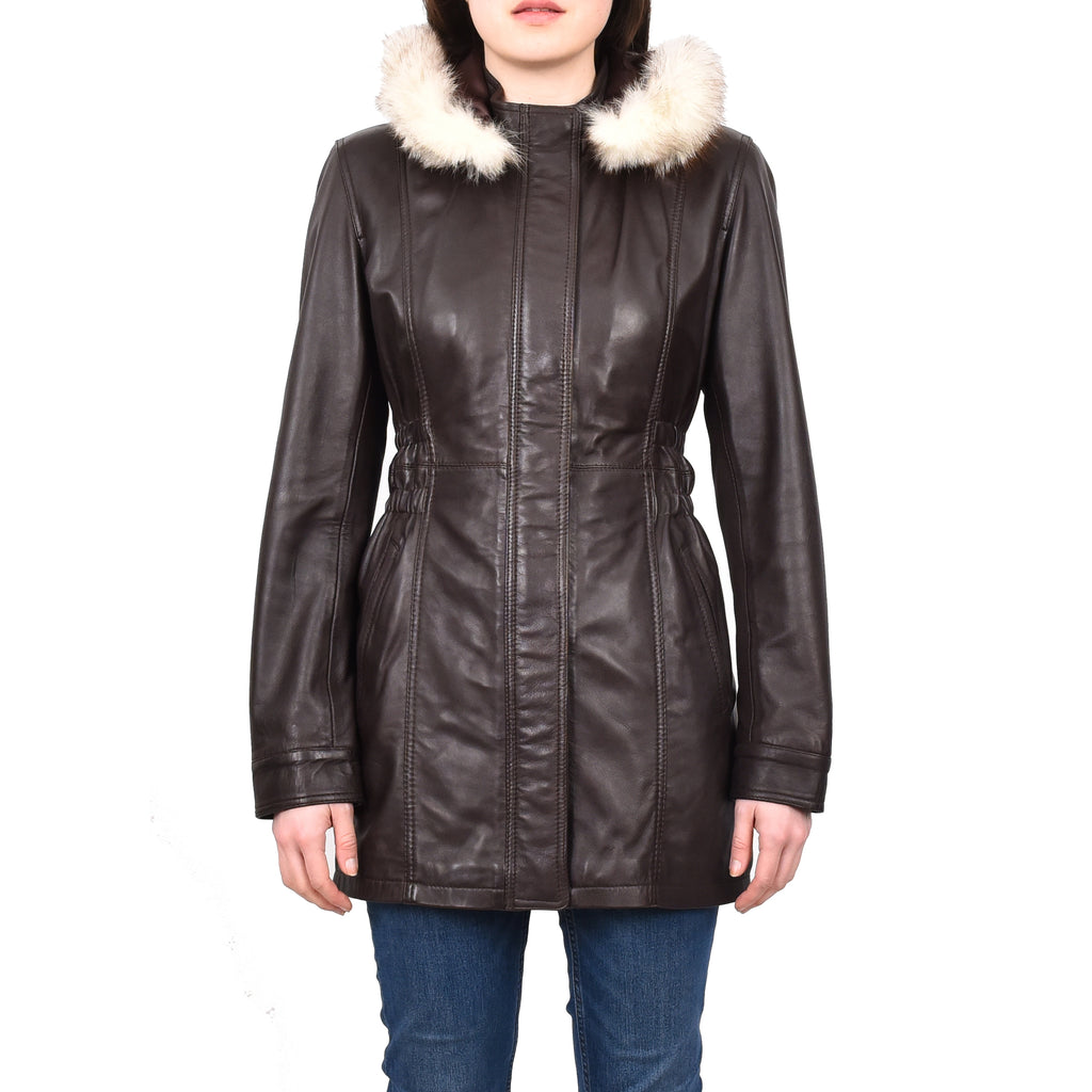 DR204 Women's Smart Long Leather Coat Hood with Fur Brown 1