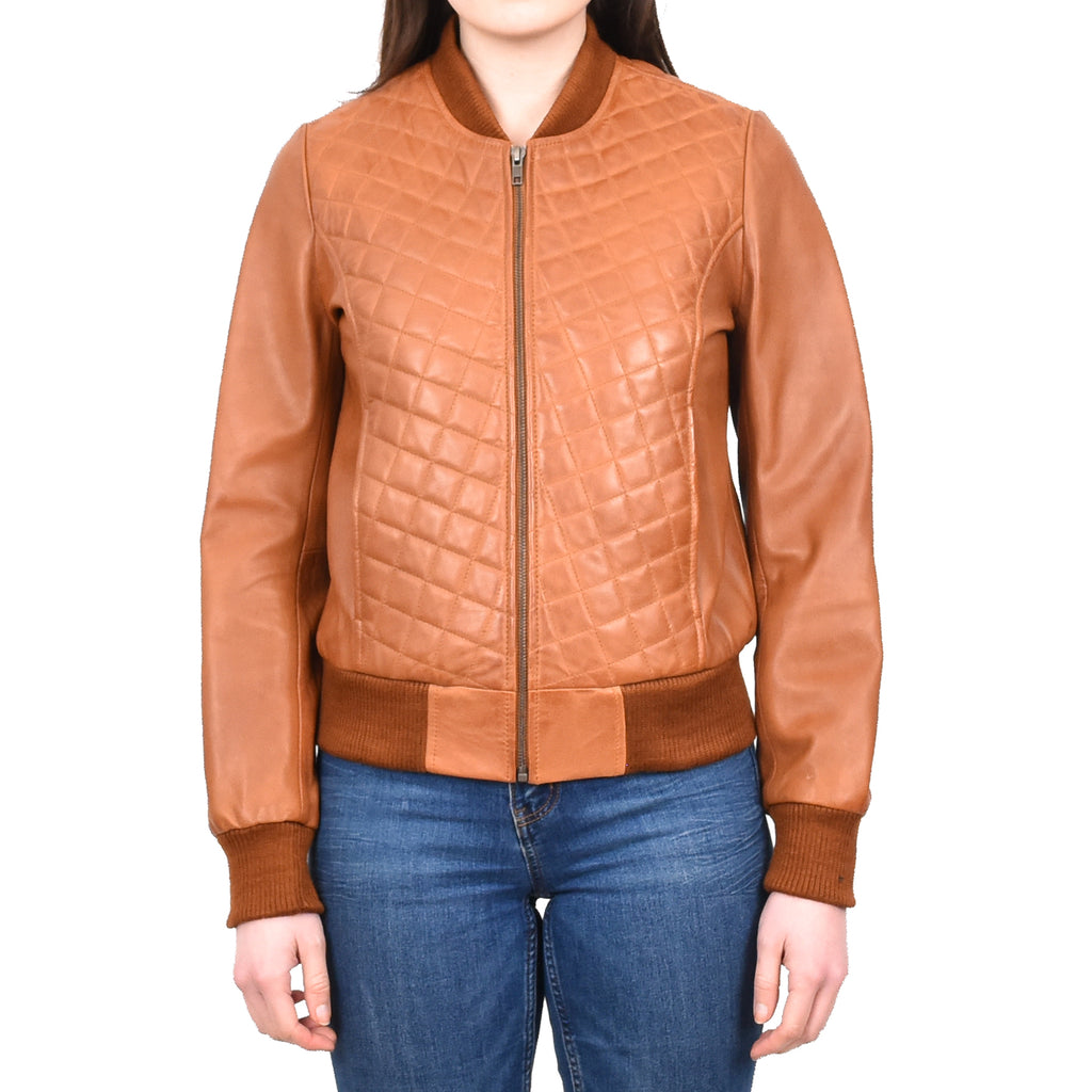 DR211 Women's Quilted Retro 70s 80s Bomber Jacket Tan 1