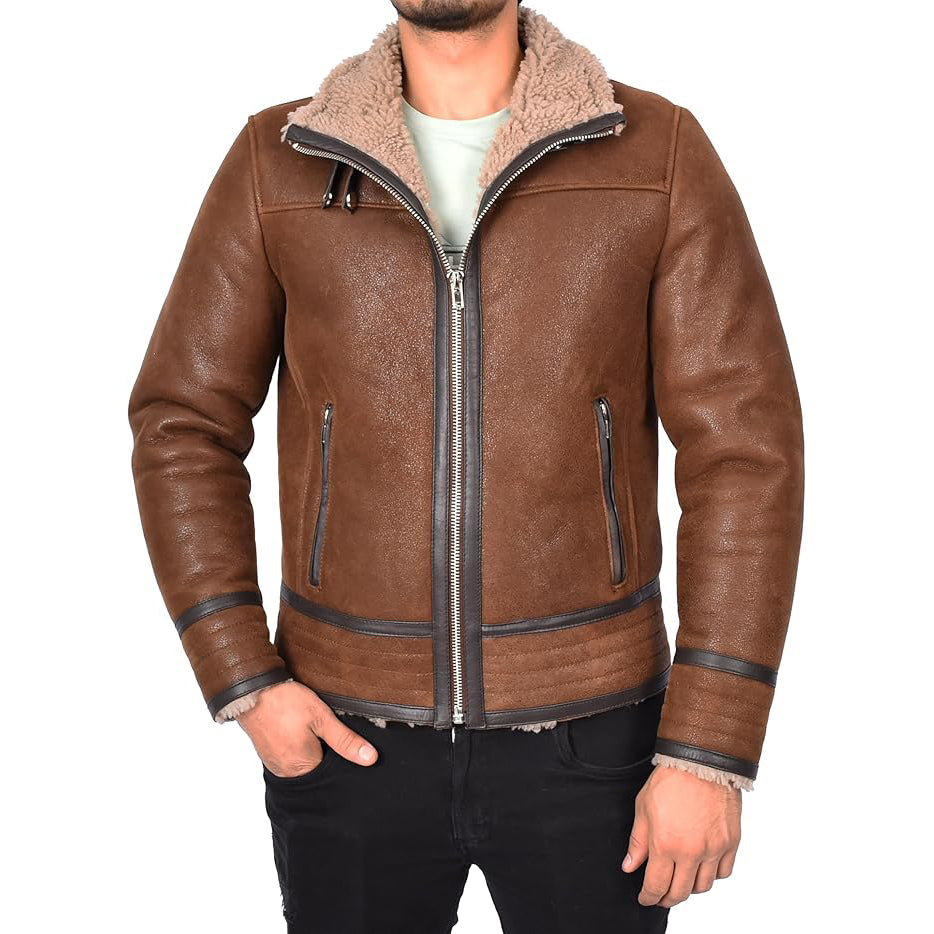 Men’s Retro Pilot Sheepskin Leather Biker Jacket  Flying Aviator Style Casper Brown-1