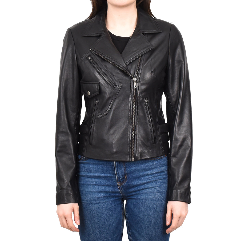 DR208 Women's Collarless Biker Leather jacket Black 1