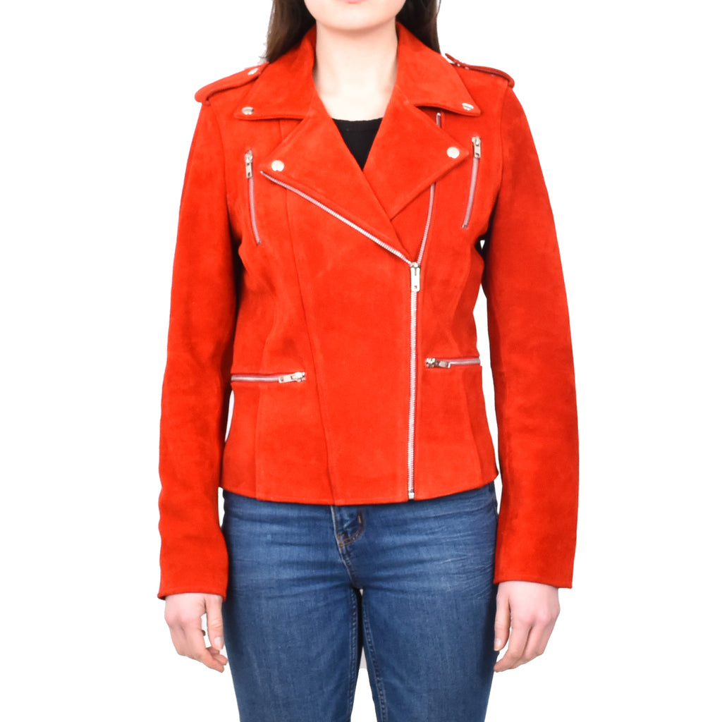 DR217 Women's Hardrock Biker Chich Leather Jacket Red Suede 1