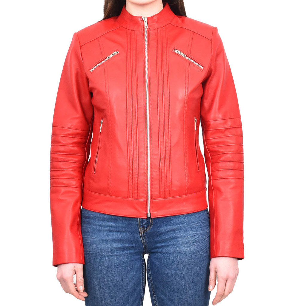 DR222 Women's Casual Biker Leather Jacket Red 1