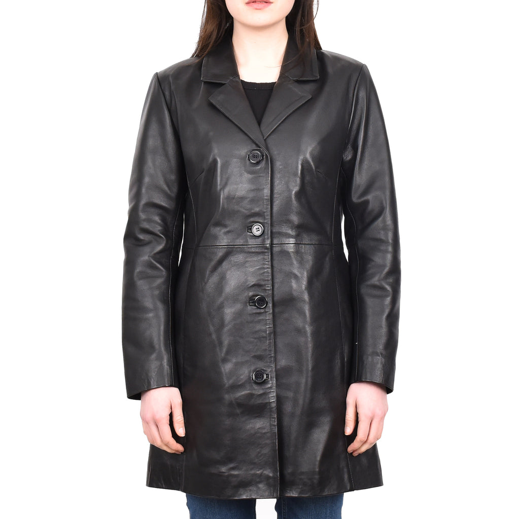 DR424 Women's Smart Long Leather Coat Black 1