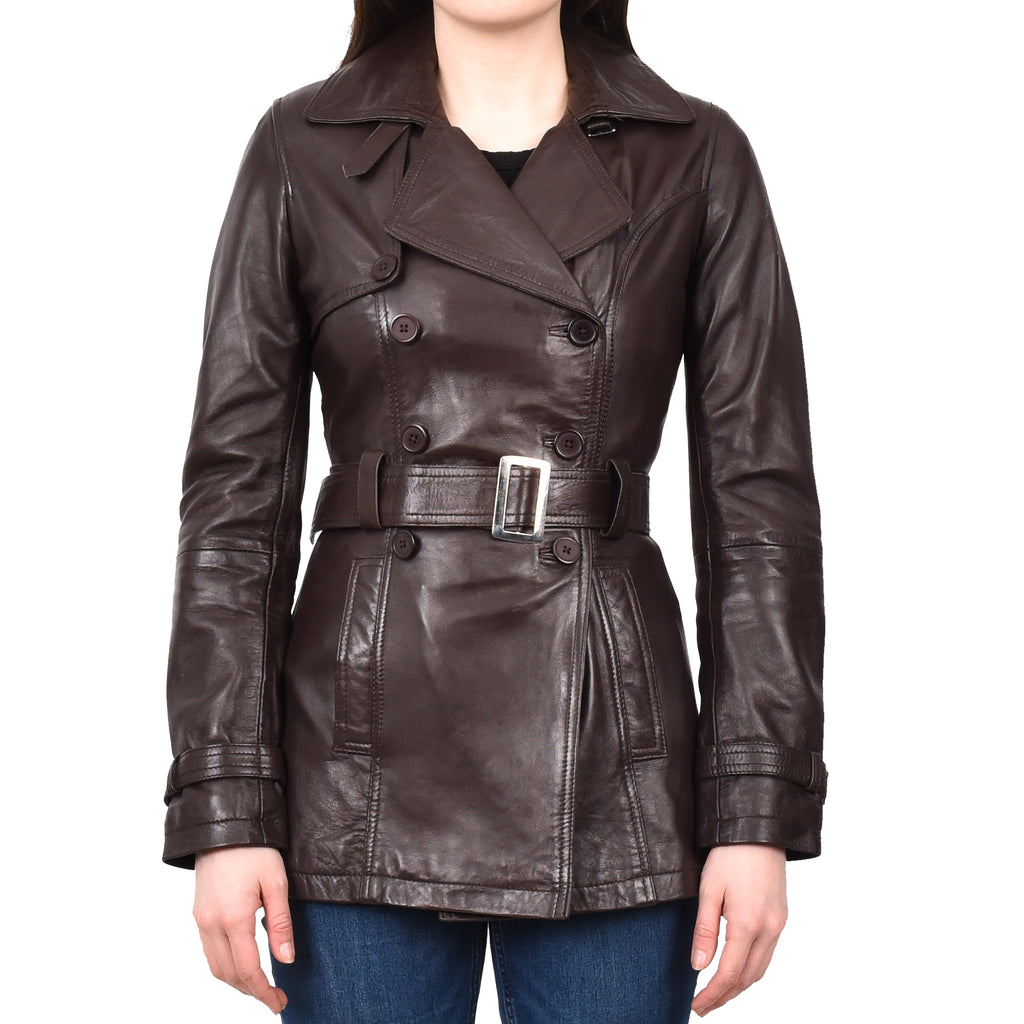 DR201 Women's Leather Buttoned Coat With Belt Smart Style Brown 1