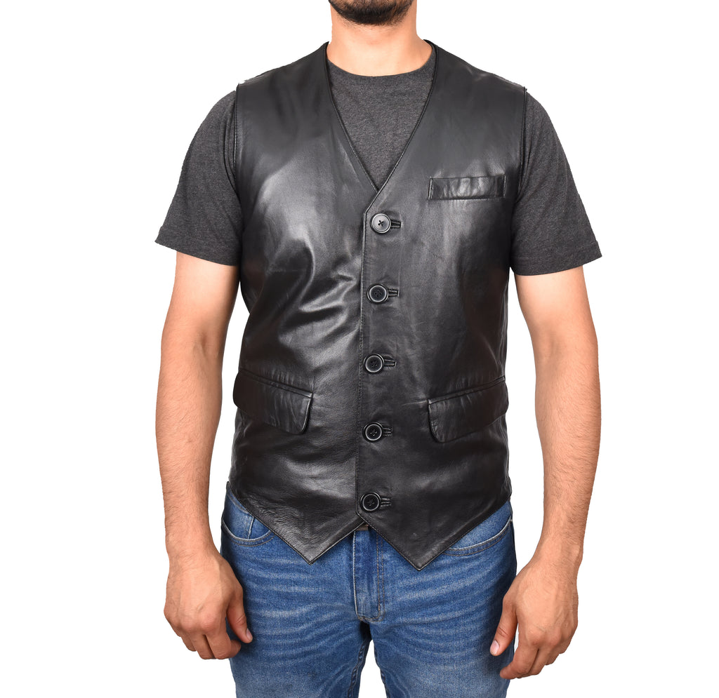 DR554 Men's Genuine Leather Gilet Vest Waistcoat Black 1