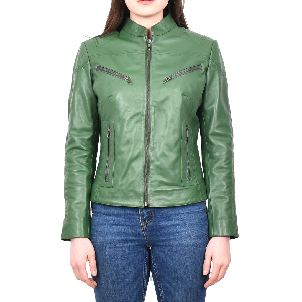 DR200 Ladies Classic Casual Biker Leather Jacket Green 1