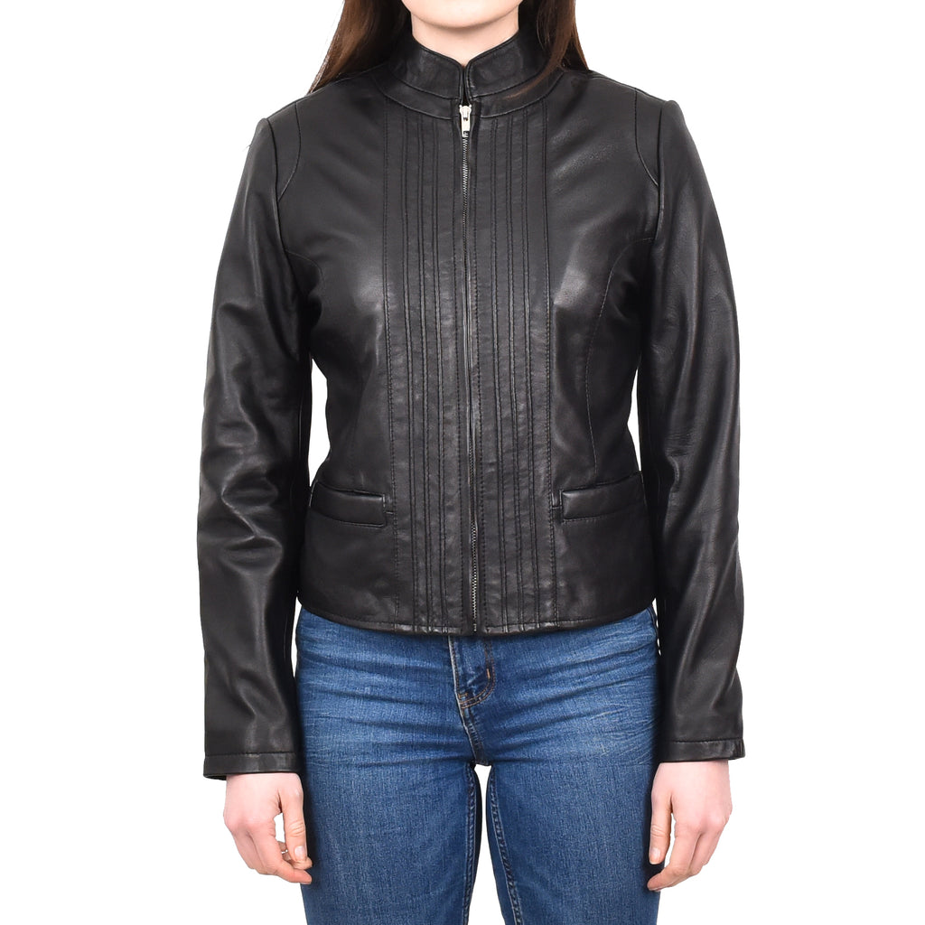 DR210 Women's Casual Biker Leather Jacket Black 1