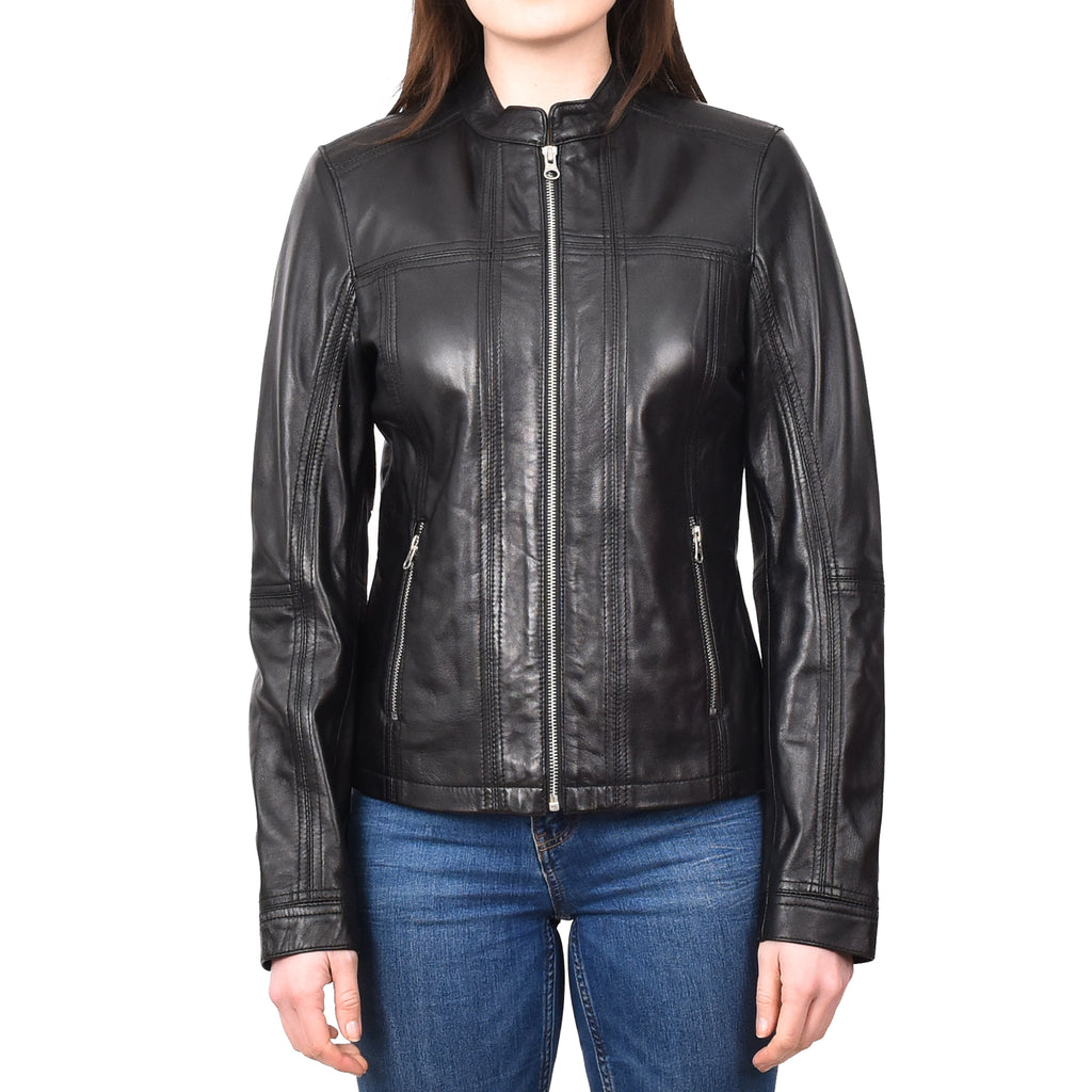 DR257 Women's Leather Classic Biker Style Jacket Black 1