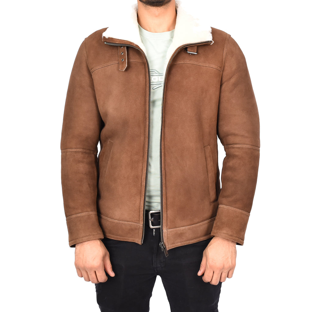 Mens Genuine Sheepskin Leather Harrington Bomber Jacket Retro Franz Brown-4