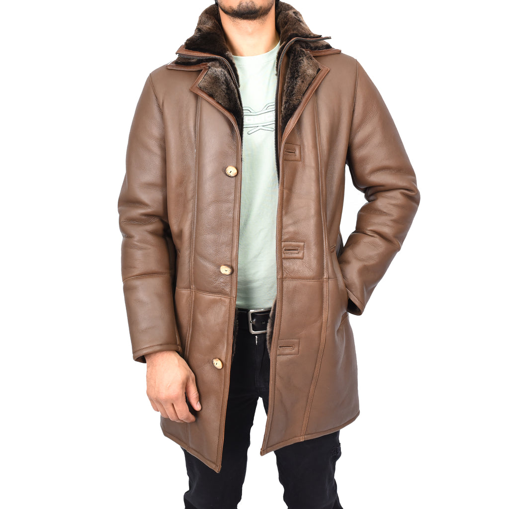 Mens Retro ¾ Length Long Real Shearling Sheepskin Coat Winter Warm Bastian Brown-5