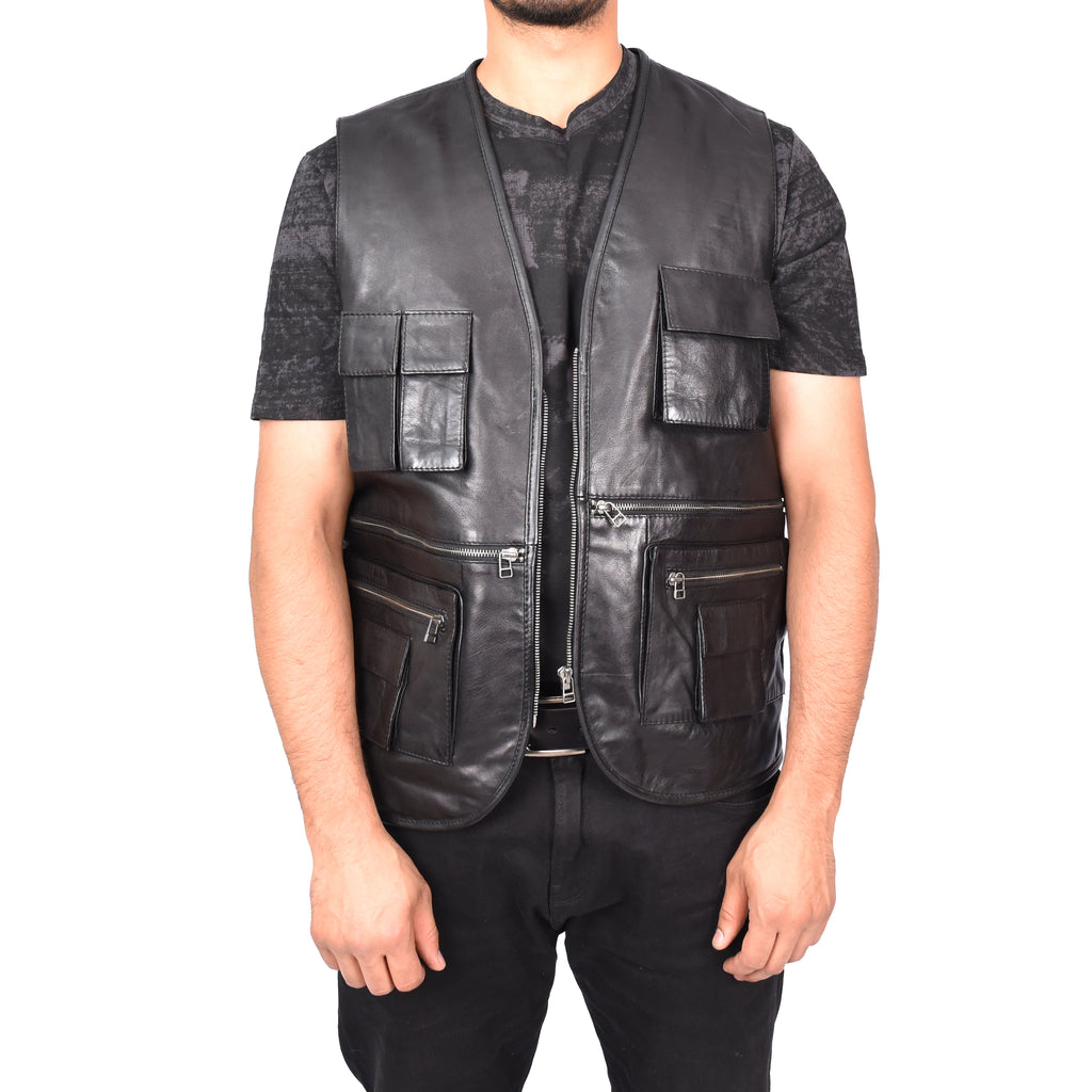 Men's Camping Military Style Leather Waistcoat Black Gustav-1