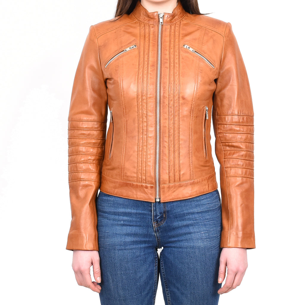 DR222 Women's Casual Biker Leather Jacket Tan 1