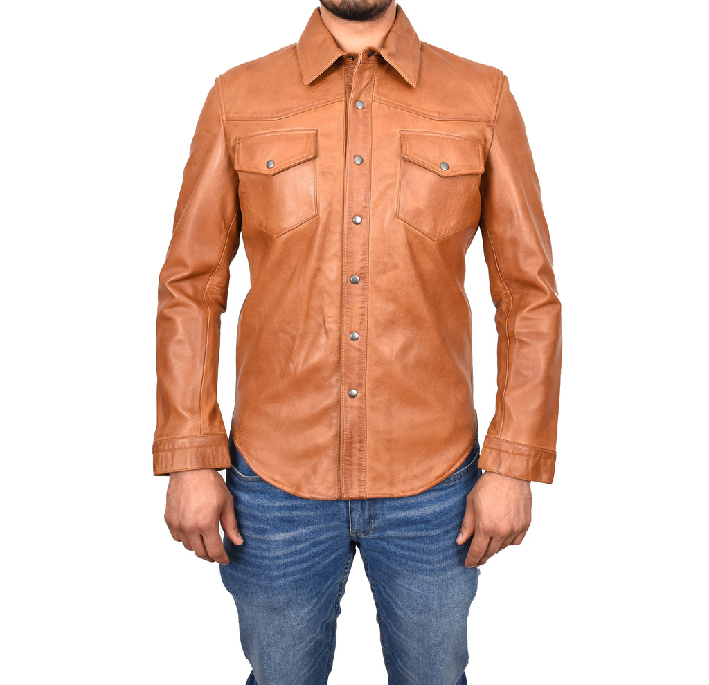 DR548 Men's Classic Leather Trucker Style Shirt Tan 1