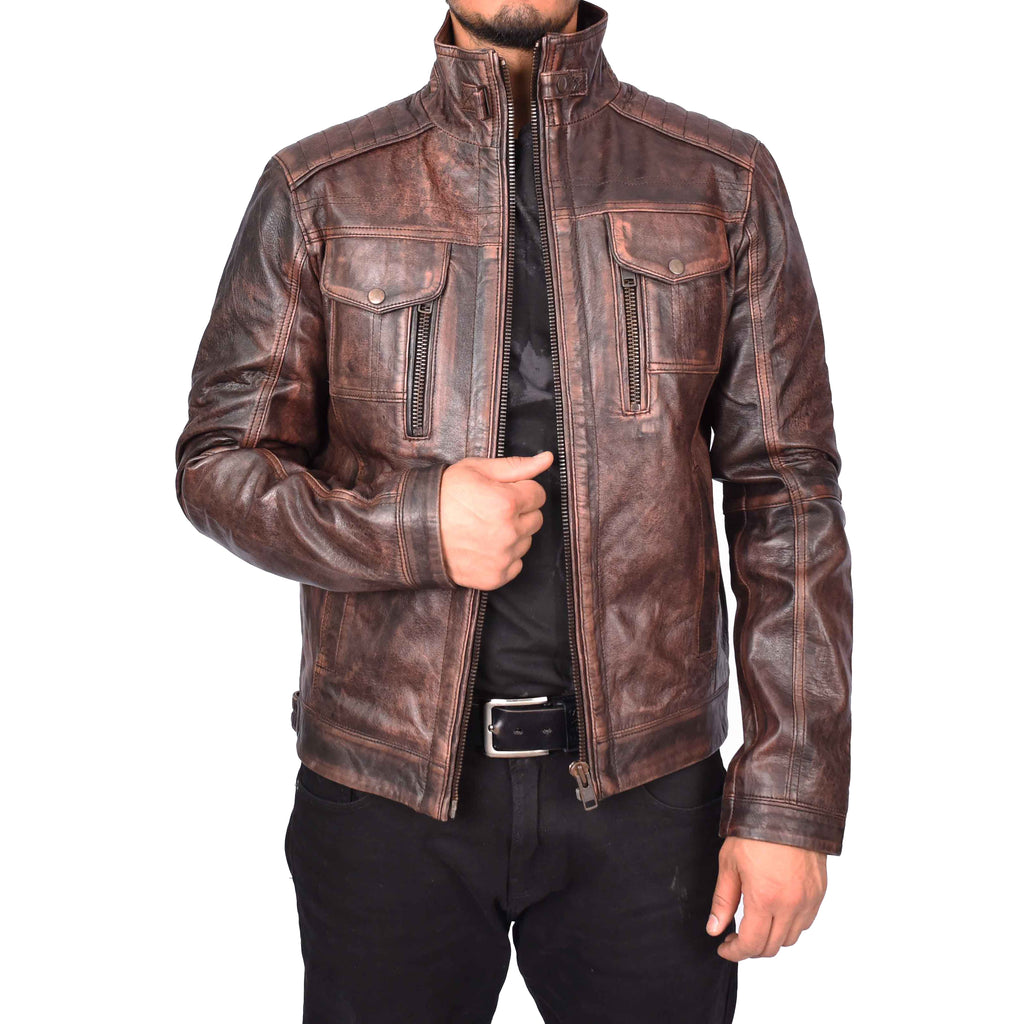 Men's Urban Biker Style Real Leather Jacket Brown Kristoffer 1