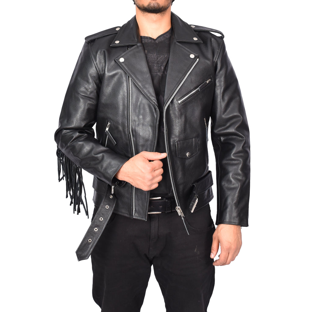 Men’s Biker Leather Jacket With Fringes Tassels Style Black Jarrel-1