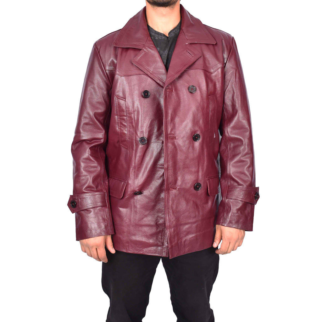 Men’s Trench Pure Leather Fitted Reefer Military Overcoat Burgundy Denbey-1